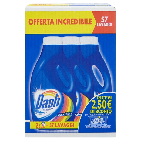 Dash Detersivo Liquido Lavatrice Salva Colore 57 Lavaggi, 3x19 Lavaggi